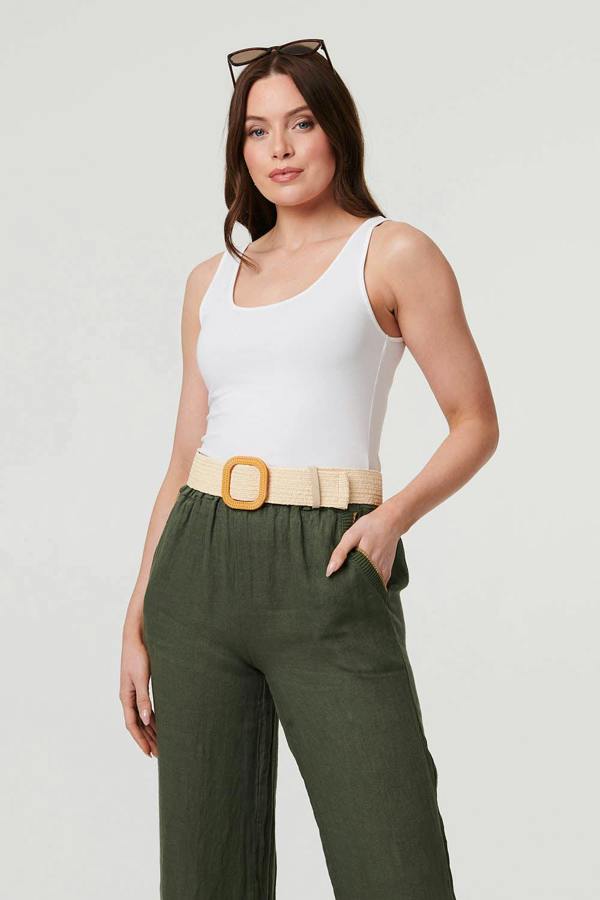 Cream | Woven Texture Circle Buckle Belt