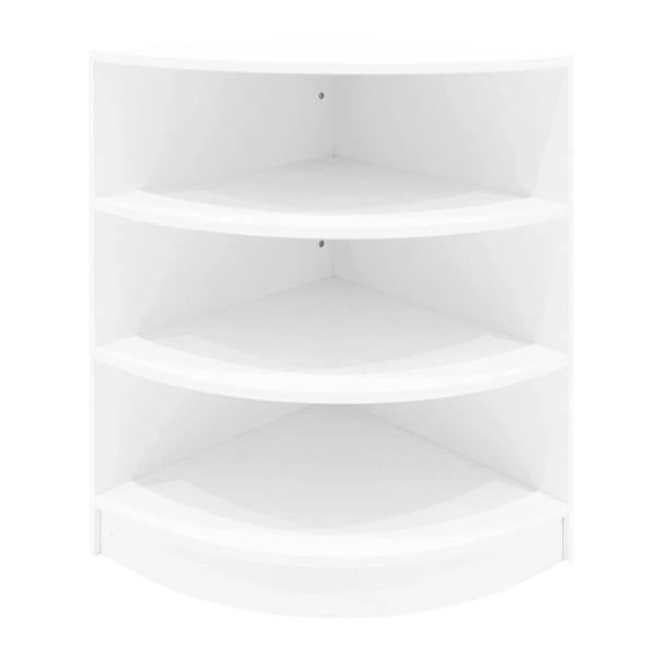 White Apollo LED shop counter set with curved design, featuring three spacious shelves for display and storage, sleek and modern