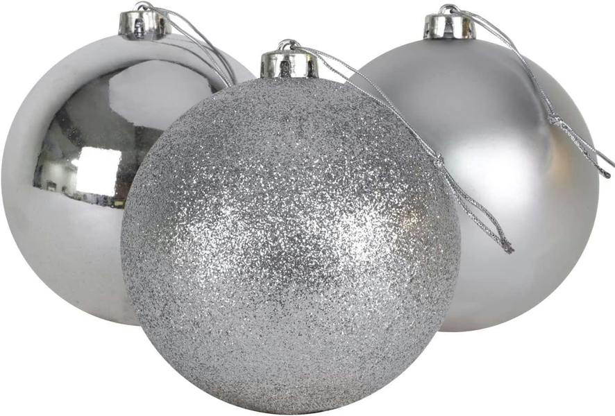Shatchi 15cm Christmas Baubles Shatterproof Silver Tree Decorations, Pack of 3 with Mixed Finish