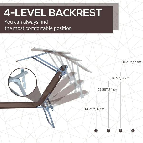 Brown 4-level adjustable backrest sun lounger with metal frame and foldable design