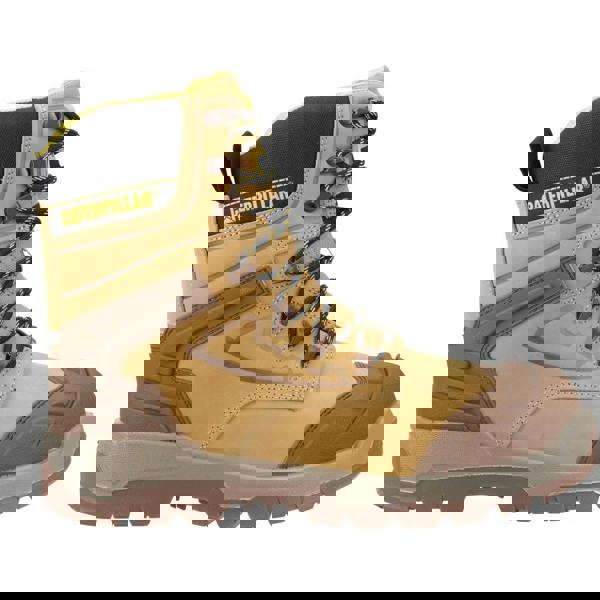 Caterpillar Striver XL 8" Mens Side Zip Waterproof S7 Safety Ankle Boots, rugged tan and brown work boots with side zipper, durable laces, and slip-resistant sole for safety and waterproof protection.