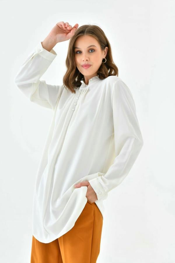 Hoxton Gal Oversized Long Sleeve Button Detailed Tunic Top in White
