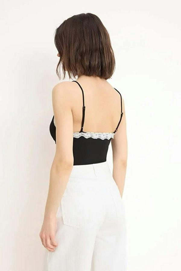 Fitted V-neck Bodysuit with Lace Detail and Stretchy Knit