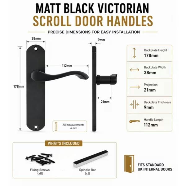 EDH Door Hardware Matt Black Cadenza Victorian Scroll Door Handles – 1, 3 & 5 Pair Packs – 178mm x 38mm