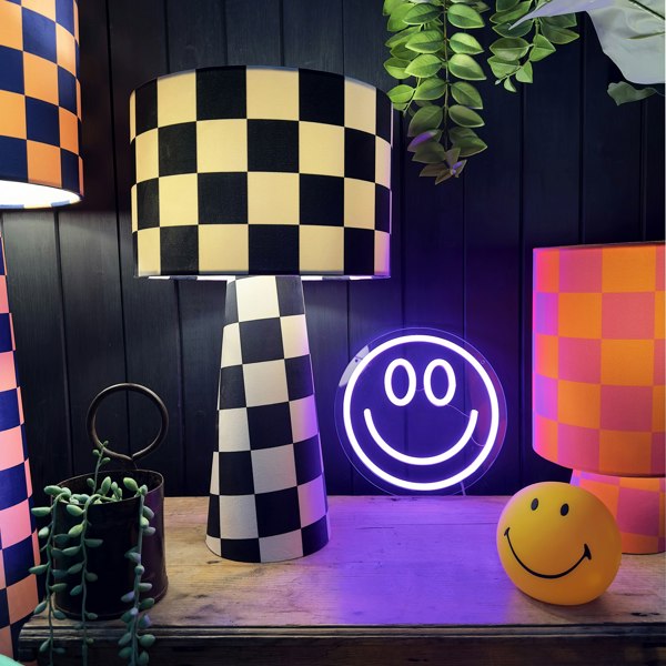 Handmade Checkerboard Velvet lamps in Liquorice. Monochrome, Black and Off White Checkerboard Lamps - The Midi