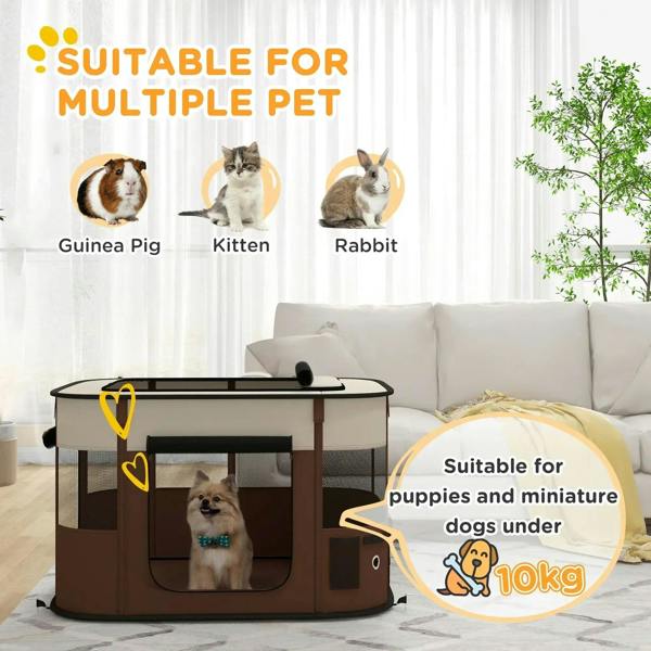 Brown foldable dog playpen with mesh panels, top handle, and front zip door opening
