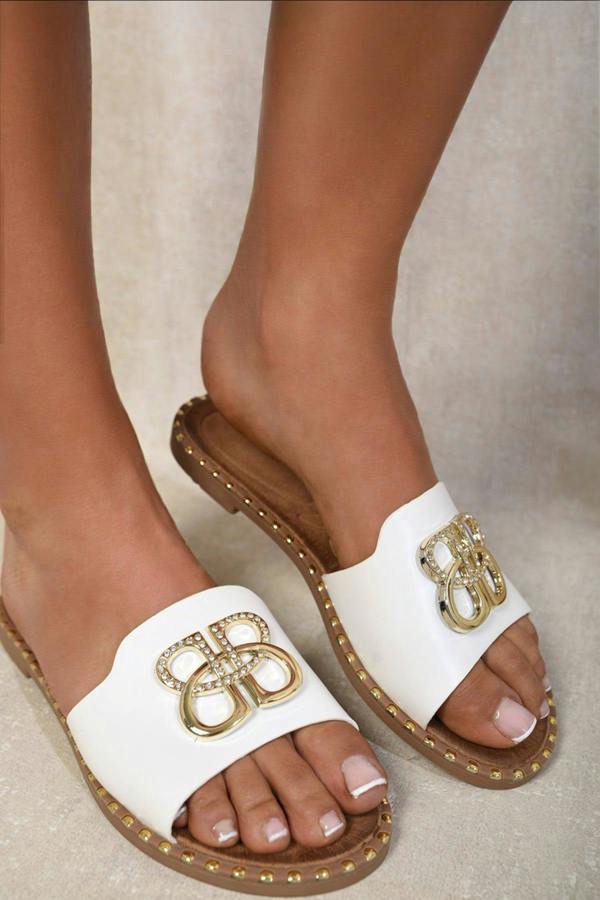 Abby Sparkle Buckle Gold Studded Flat Sandals - White