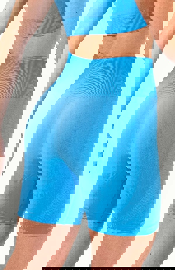 V3 Apparel Women's seamless Limitless high waisted cycle shorts in azure blue – Squat proof 5 inch inseam leg bum enhancing shorts for Gym workouts training, Running, yoga, bodybuilding and bikini fitness.