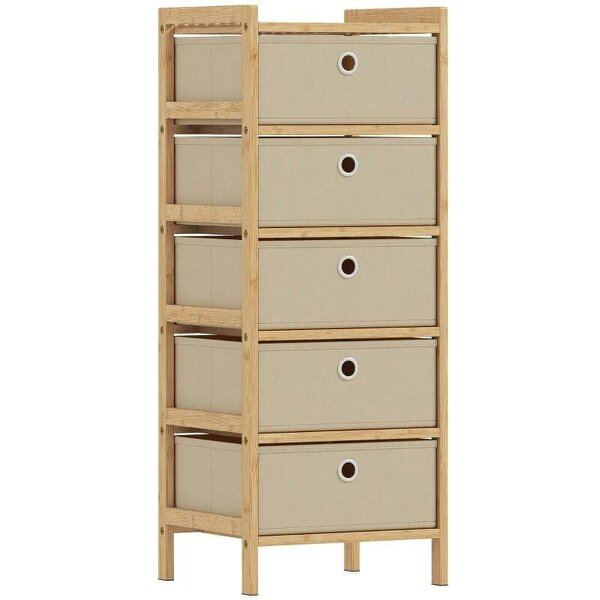 Chest of Drawers, 5 Fabric Drawers Narrow Dresser with Bamboo Frame, Cream White