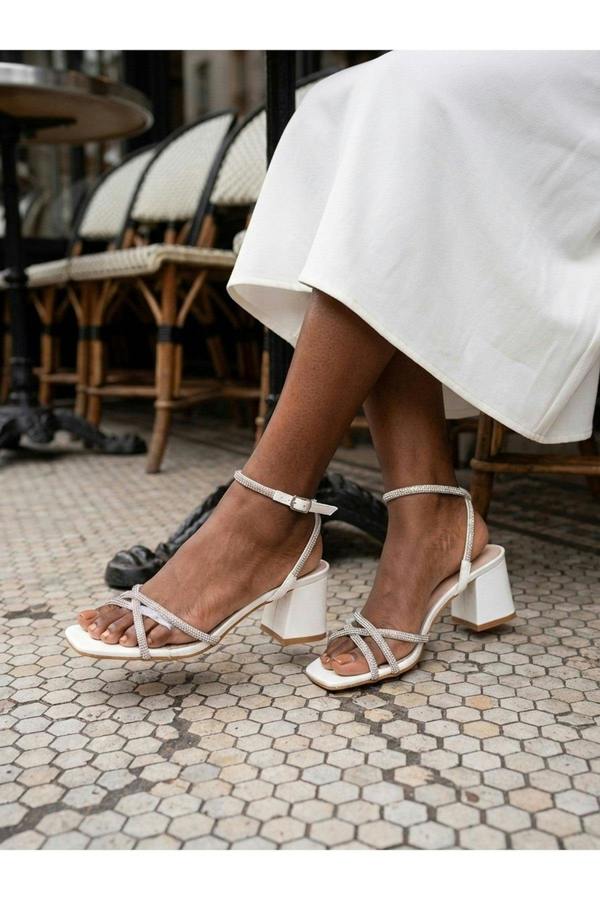 Willow Rhinestone Block Heel Sandals - White