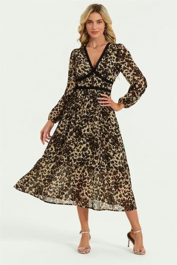 FS Collection Leopard Print Foil Lace Trim Long Sleeve Maxi Dress In Brown