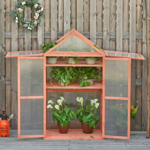 Bobobiy Garden Cold Frame Polycarbonate Greenhouse with Adjustable Shelves, Grow House for Flower Vegetable Plants, 80 x 47 x 138cm, Orange