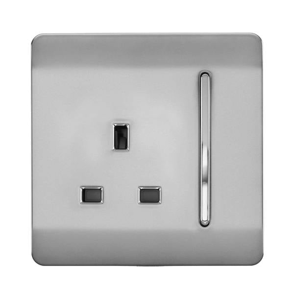 Trendi Switch 1 Gang 13 Amp Switched Plug Socket in Brushed Steel