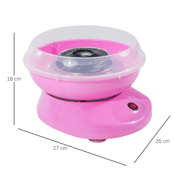 Pink electric cotton candy machine with clear lid, black heating plate, size markings