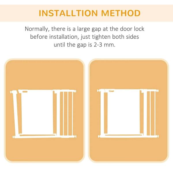 White pet safety gate installation diagram showing frame alignment on both sides