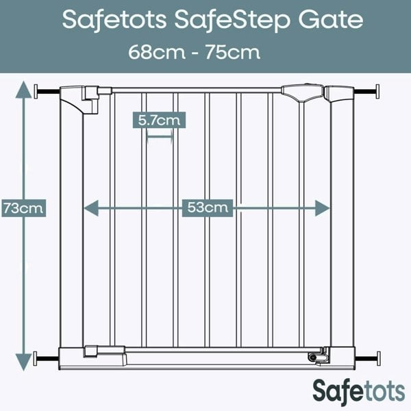 Safetots SafeStep Gate, White, 68cm - 75cm, Extra Low Walkthrough, Pressure Fit Safety Gate, Baby Gate for Stairs and Doors