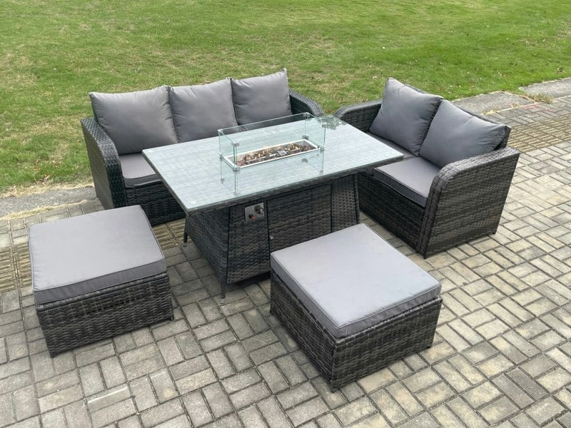 Fimous PE Wicker Outdoor Rattan Garden Furniture Set Propane Gas Fire Pit Table and Sofa set with 2 Big Footstool