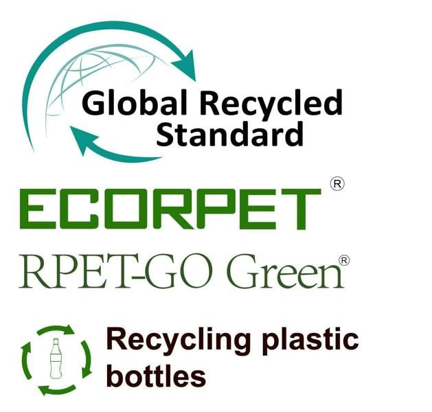 Logos for Global Recycled Standard, Ecorpet, RPET-GO Green, and recycling plastic bottles on a white background. RUFFNEK neck gaiters.