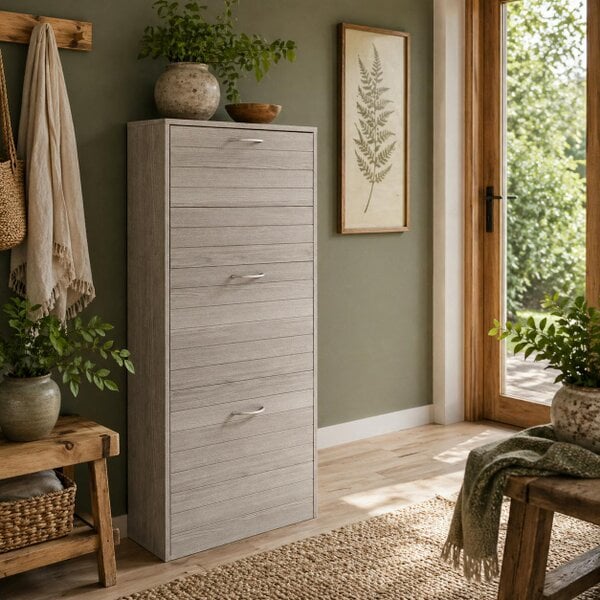 Wyld Haus Makahi Grey Wood Effect Shoe Cabinet Flip Drawer Storage for 12 Pairs