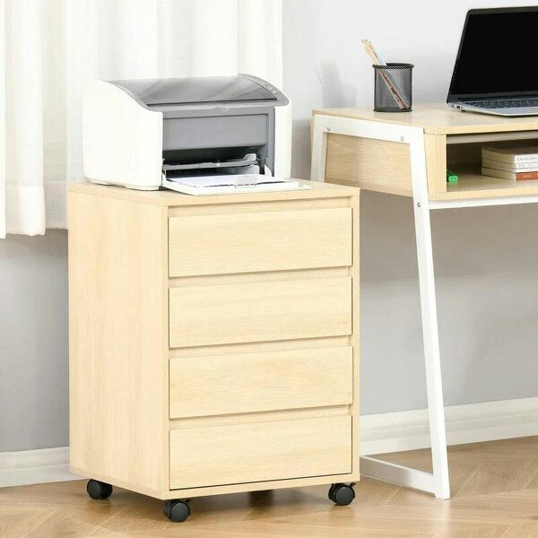 Four-Drawer Office Filing Cabinet, with Wheels - Natural Wood Finish - Natural wood finish