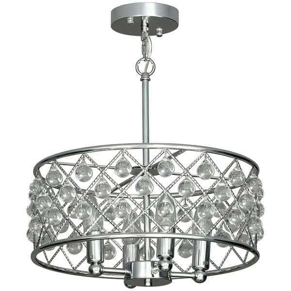 Silver-tone four-bulb chandelier with faceted crystal drops and round metal frame