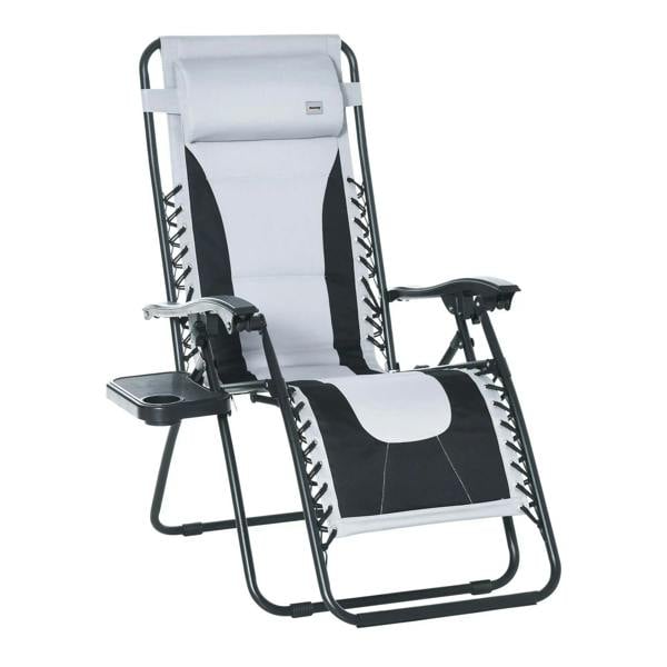 Folding reclining patio lounger chair with light grey padded seat, black frame, cup holder