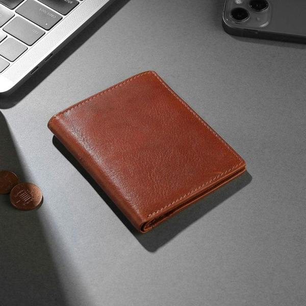 flat lay view of tan leather  wallet for men nico tuscan
