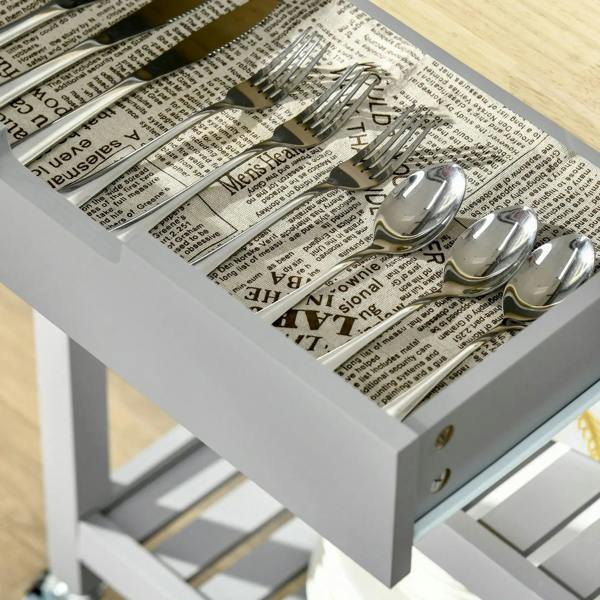 Grey cart drawer open with cutlery organizer on rubberwood-topped trolley