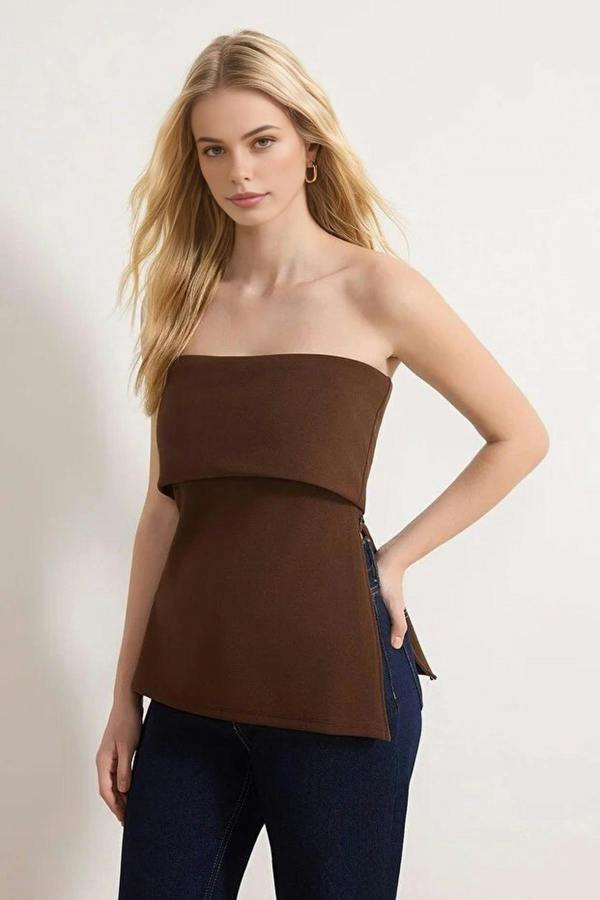 WOVCOR Strapless Neckline Side Zipper Crepe Knit Blouse