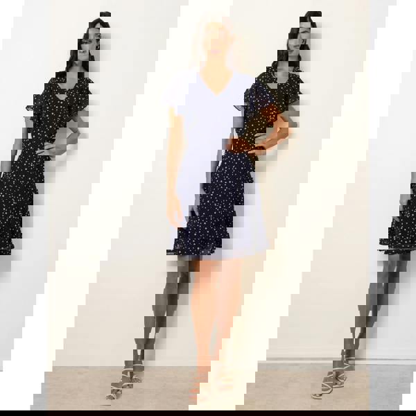 Blue Vanilla Polka Dot V Neck Tie Back Mini Dress