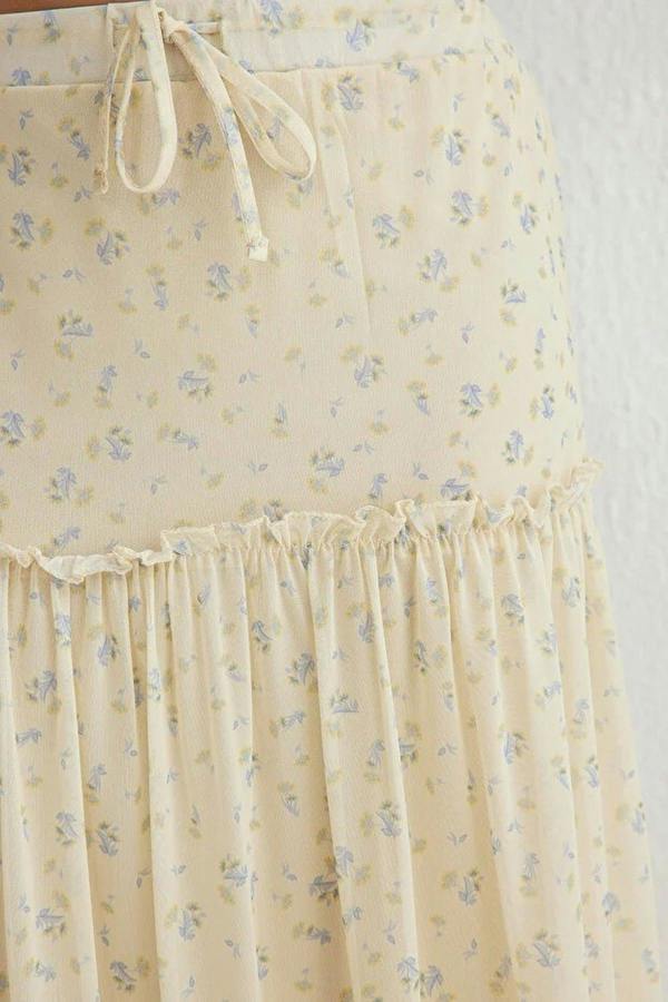 WOVCOR Tulle Floral Print Maxi Drape Detail Knitted Skirt