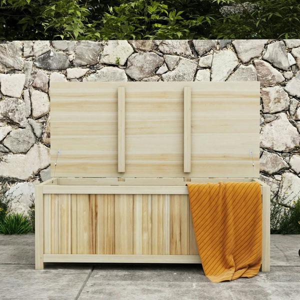 Natural wooden storage box with hinged lid open and orange cover draped over the front