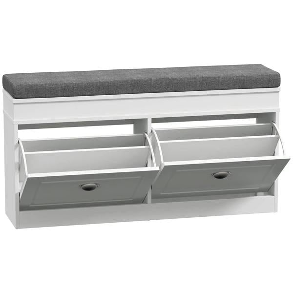 White shoe storage bench with gray upholstered seat cushion and open flip compartments