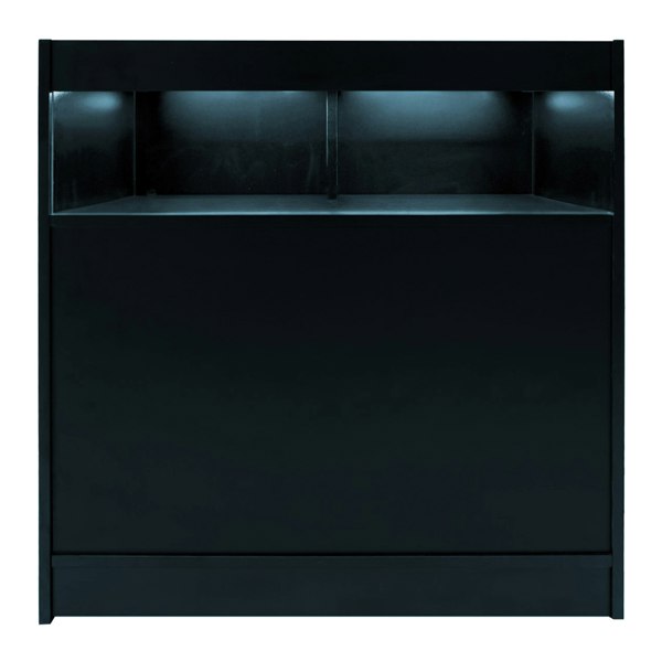 Theseus LED shop counter set in sleek black, featuring illuminated shelves and a smooth, modern design for retail displays