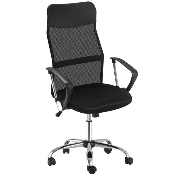 Black ergonomic mesh office chair with adjustable height, tilt, and casters