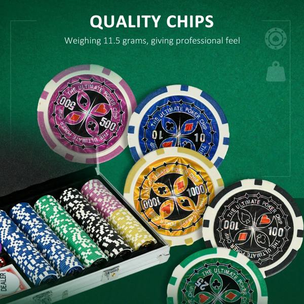 Assorted poker chip stacks with colorful designs in open aluminum case