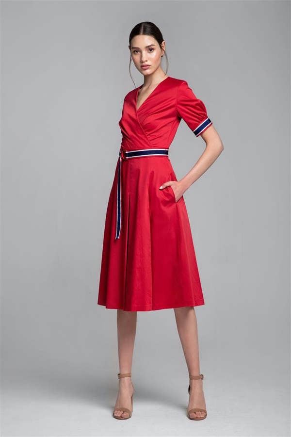 Rumour London Jennifered red flared cotton poplin dress with slits