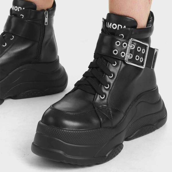 Lamoda Eerie Black PU Ankle Boots Stylish High Heel Platform Shoes for Women