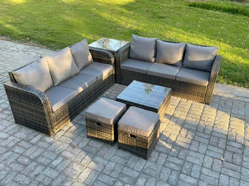 Fimous Indoor Outdoor Rattan Garden Furniture 8 Seater Set Table Sofa Chair Patio Conservatory with Grey Cushions Side Table 2 Small Footstools