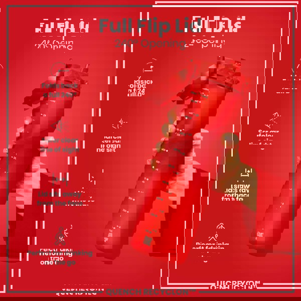 A red water bottle, held in a hand, features a 240° flip lid. The bottle is marked with milliliter and ounce measurements. The context is a red background showcasing product features. Full Flip Lid, 240° Opening, QUENCH RECYCLON™