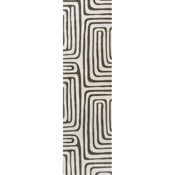 Rectangular area rug with a pattern of wavy lines on a plain background