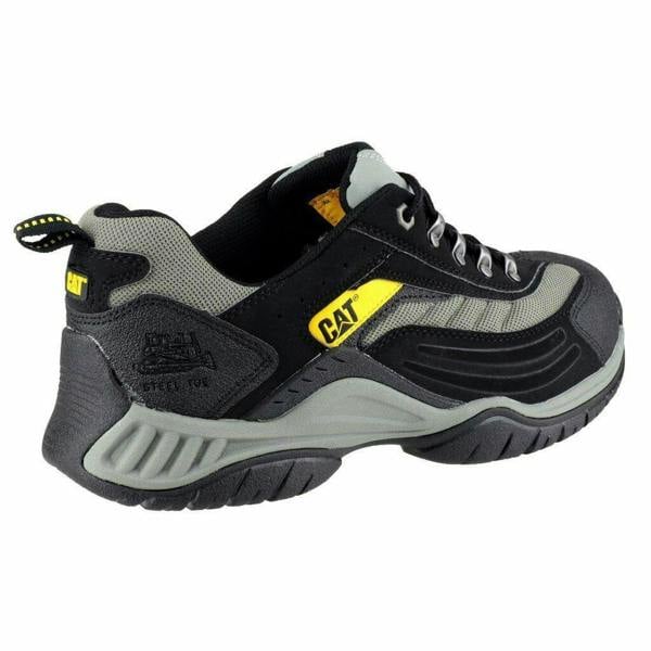 Caterpillar Moor Mens/Womens Safety Steel Toe SB Work Trainers Shoes, black and grey work shoes with steel toe cap and rugged outsole for safety and durability.