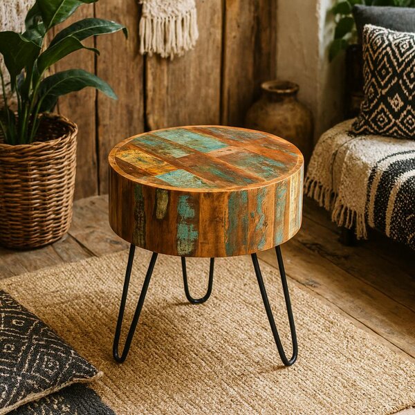 Wyld Haus Seattle Reclaimed Wood and Metal Modern Drum Side Table