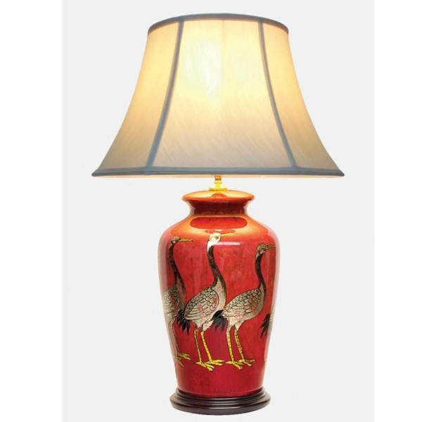 Red Crane Oriental Chinese Ceramic Porcelain Table Lamp - Pale Shade