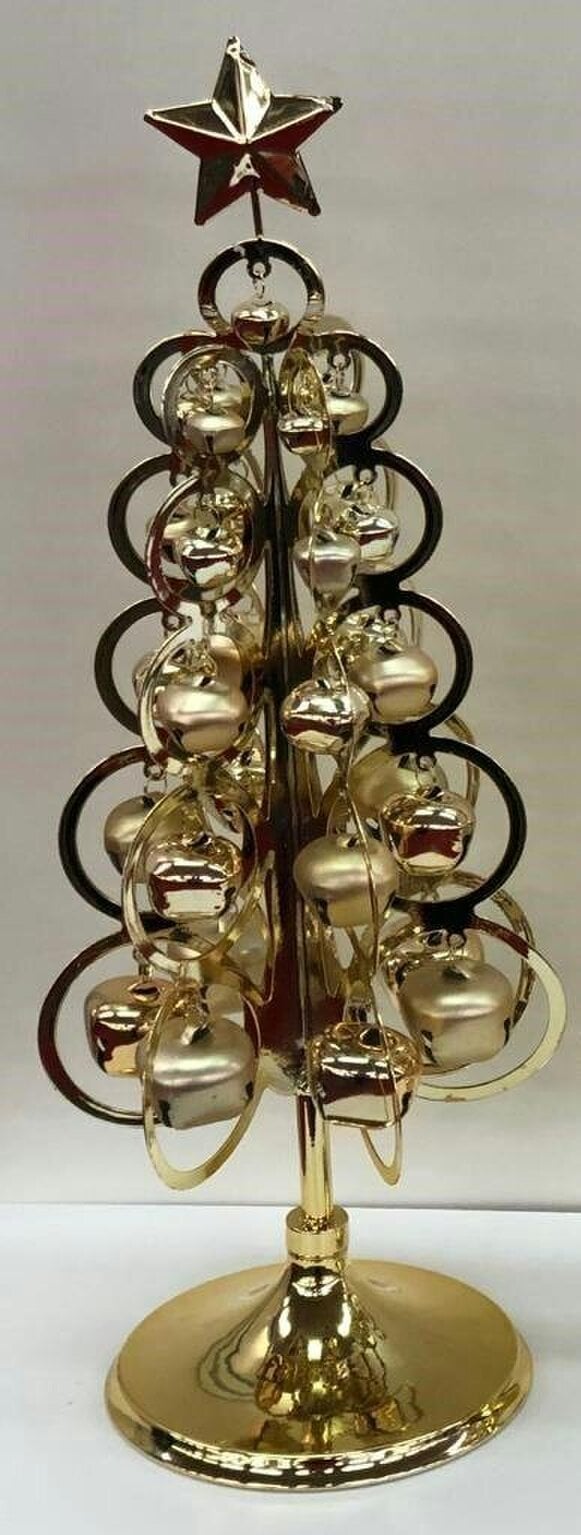 Shatchi 35cm Table Top Gold Christmas Tree Decorated with Bells, Rings and Star