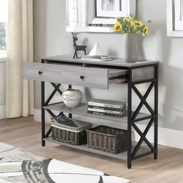 Rafaelo Mobilia 3 Tier Console Table With 2 Drawers And Storage Shelves Grey
