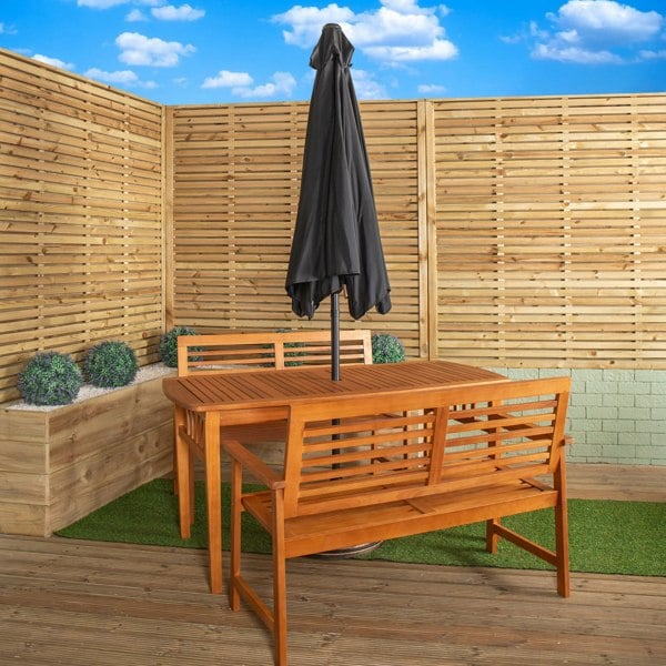 Samuel Alexander Outdoor 4 Person Rectangular Wooden Garden Table, 2 Benches with Black Havana Parasol & Base