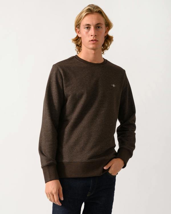 GANT Mens Regular Fit Shield Logo Crew Neck Sweatshirt - 284 Black Brown Melange