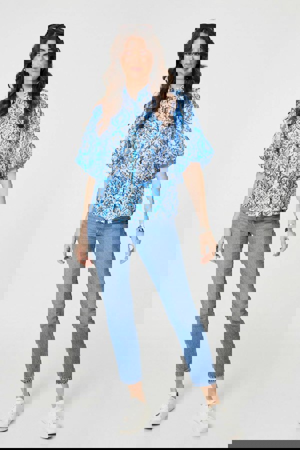 Blue | Paisley Print Puff 1/2 Sleeve Shirt