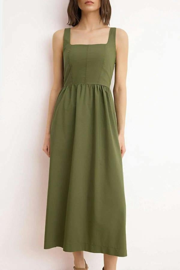 Square Neck Thick Strap Midi Dress with Corset Seam Detail